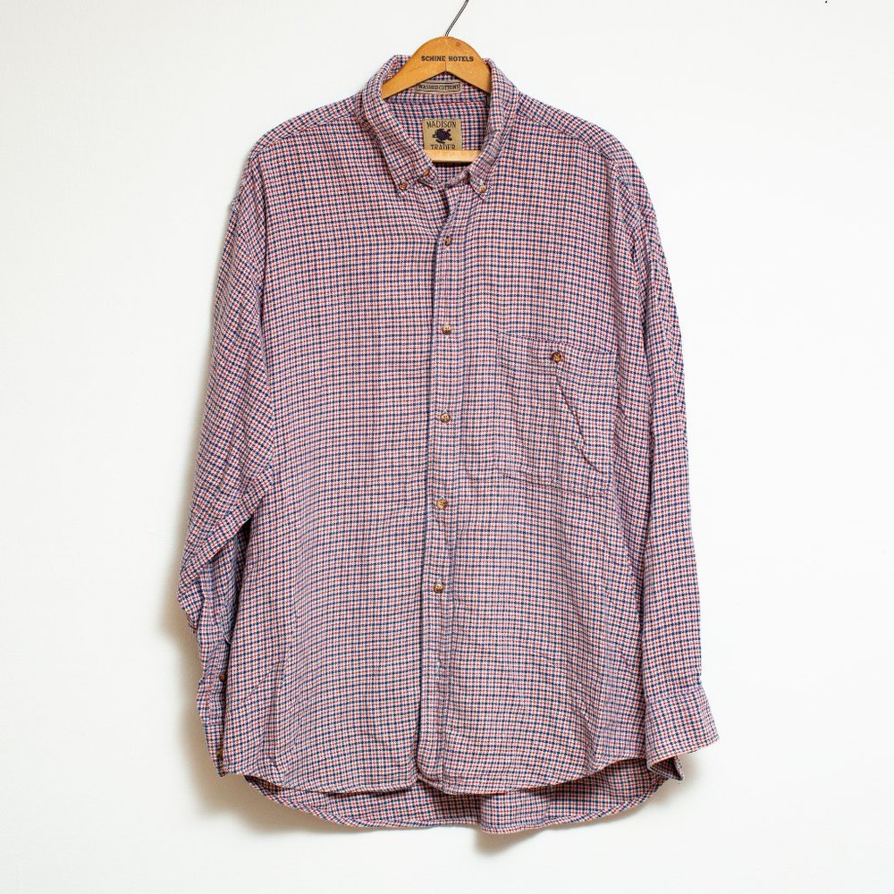 Madison Trader Button Up Shirt Red, White and Blue Plaid Size L